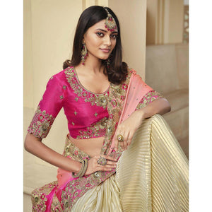 Cream - Rose Pink Party Wear Embroidered Satin Half & Half Saree
