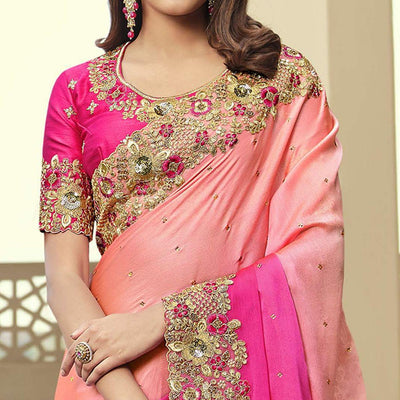 Cream - Rose Pink Party Wear Embroidered Satin Half & Half Saree