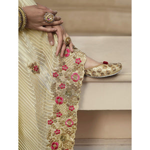 Cream - Rose Pink Party Wear Embroidered Satin Half & Half Saree