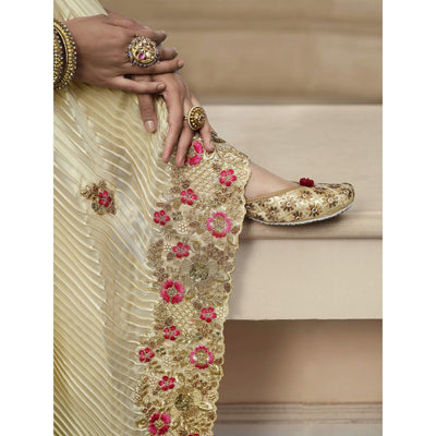 Cream - Rose Pink Party Wear Embroidered Satin Half & Half Saree