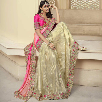 Cream - Rose Pink Party Wear Embroidered Satin Half & Half Saree