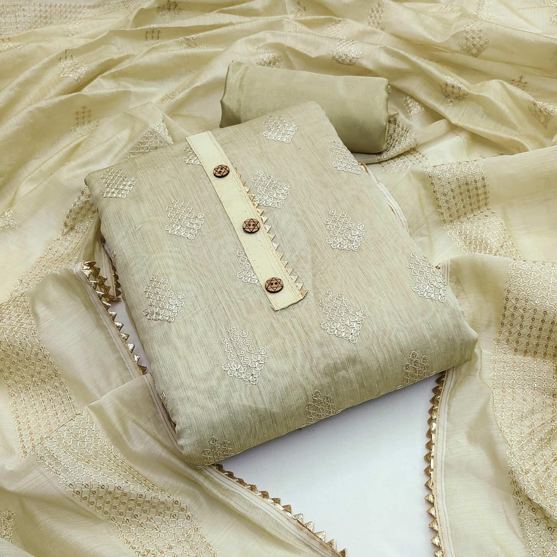 Cream Sequins Embroidered Chanderi Dress Material