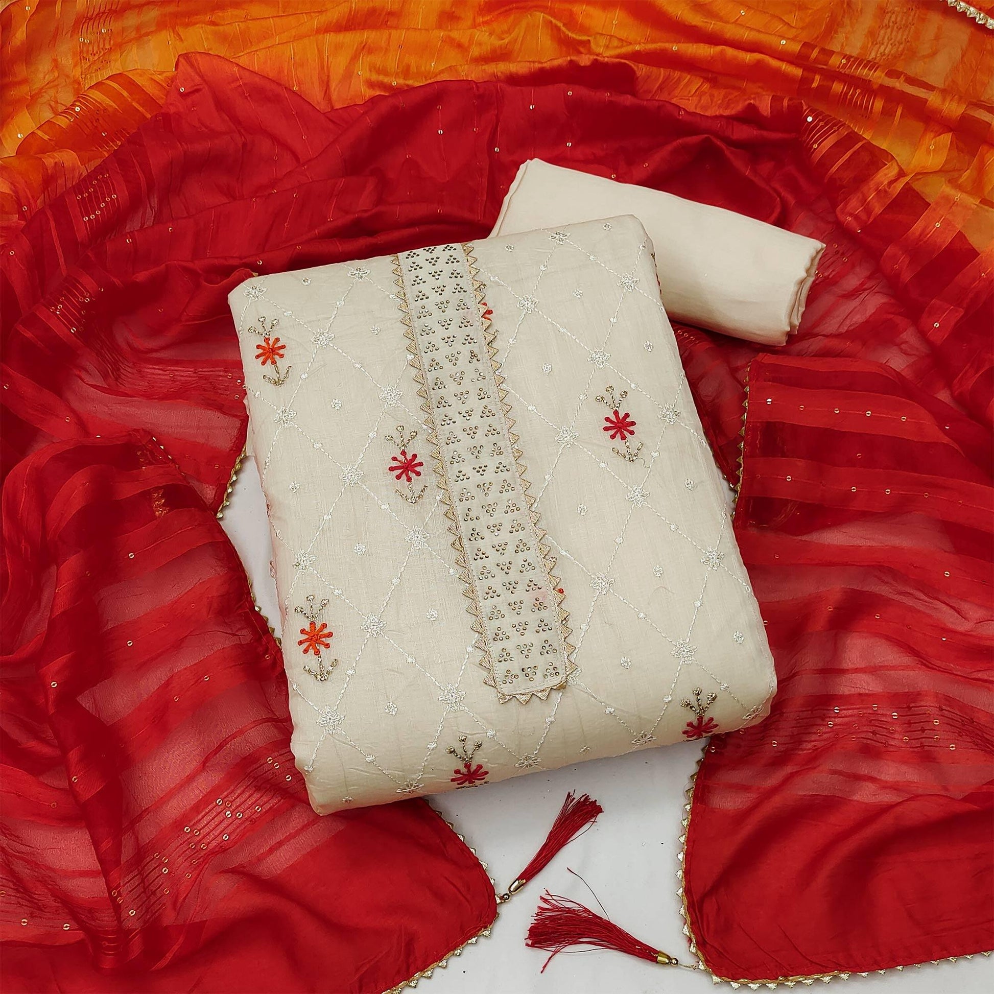 Cream Sequins Embroidered Chanderi Dress Material
