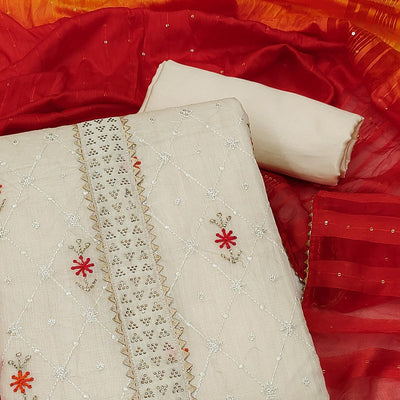 Cream Sequins Embroidered Chanderi Dress Material