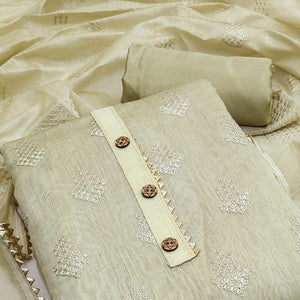 Cream Sequins Embroidered Chanderi Dress Material