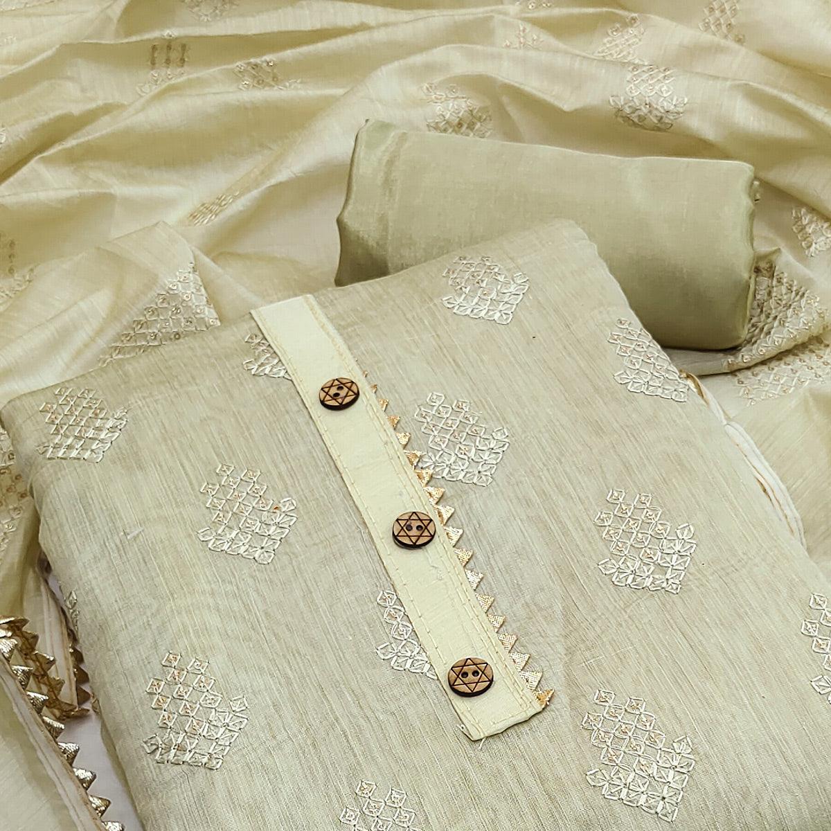 Cream Sequins Embroidered Chanderi Dress Material