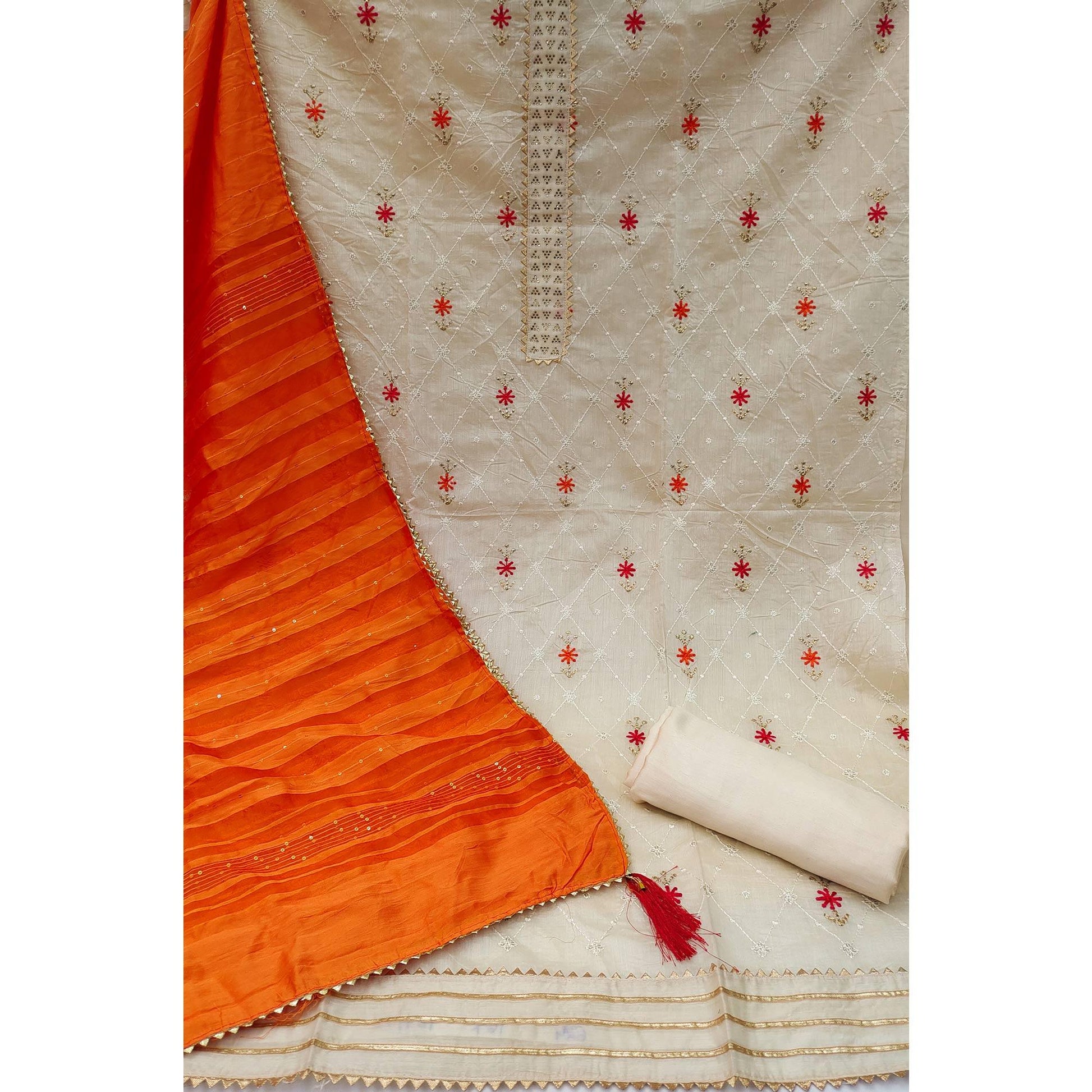 Cream Sequins Embroidered Chanderi Dress Material