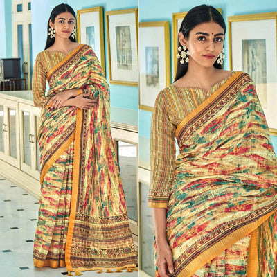 Cream Sequins Embroidered Linen Saree