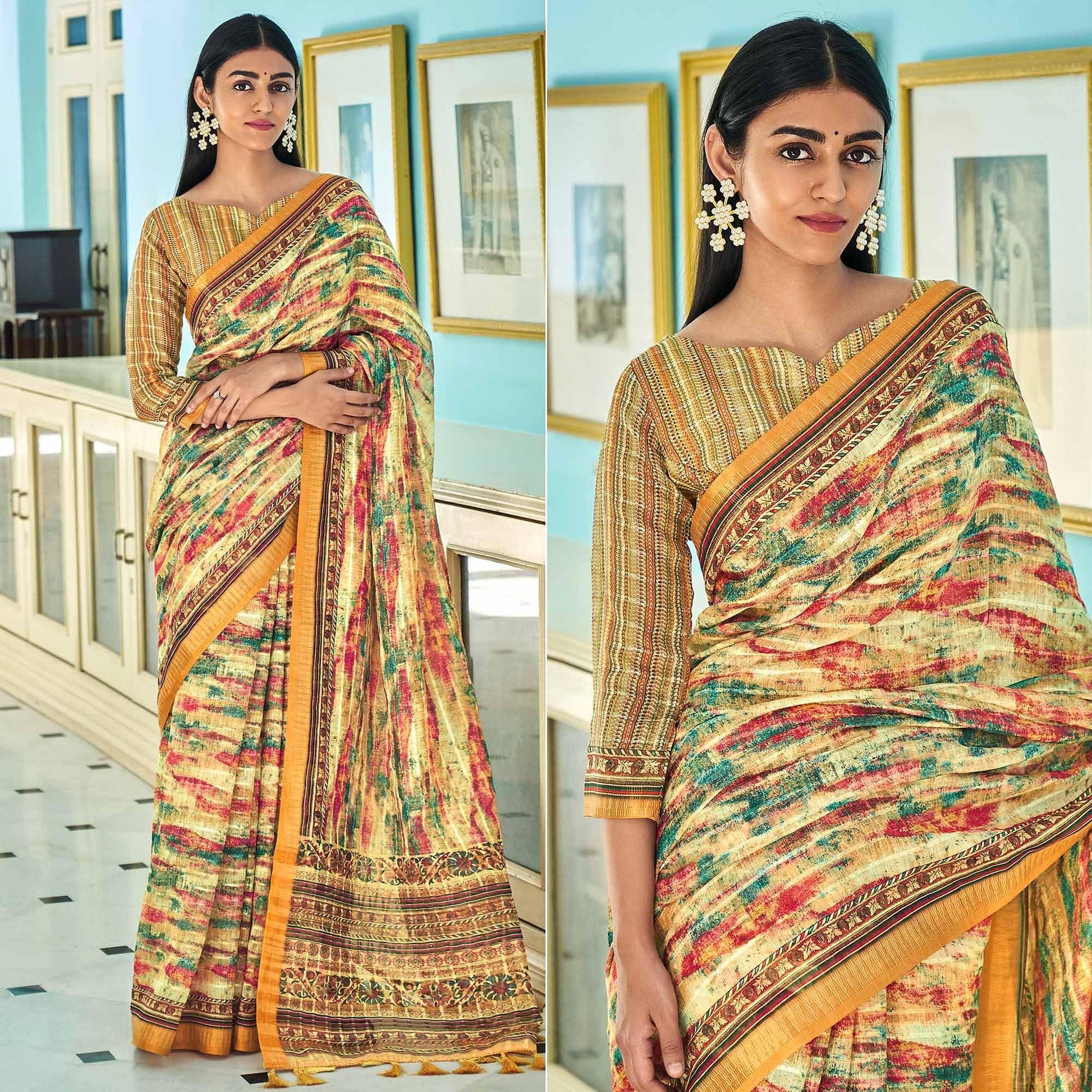 Cream Sequins Embroidered Linen Saree