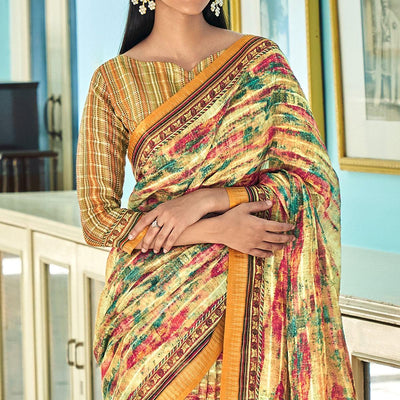 Cream Sequins Embroidered Linen Saree