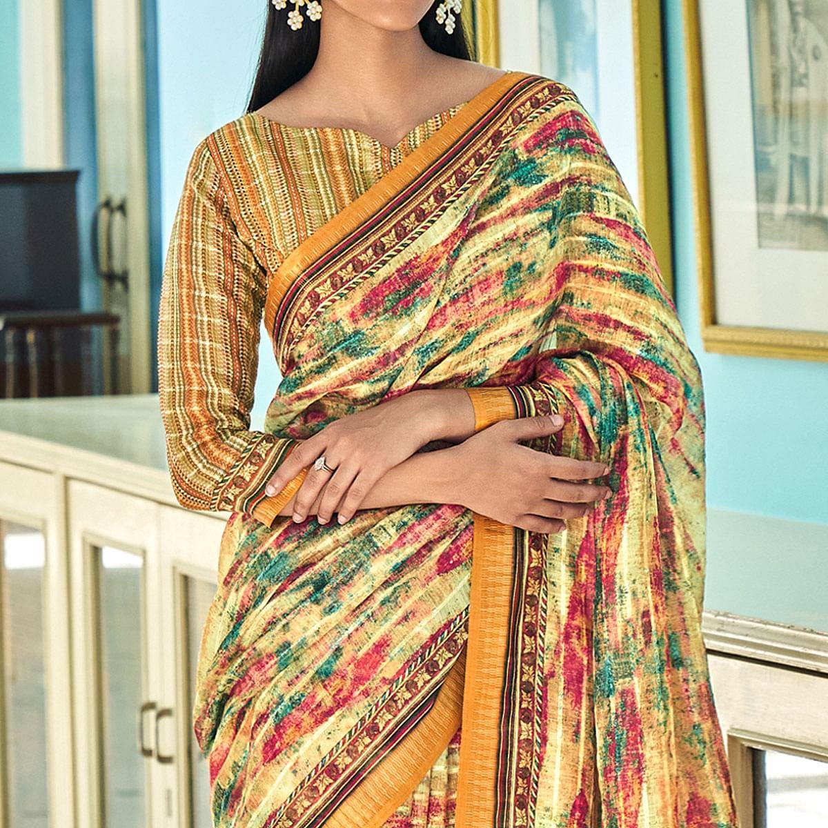 Cream Sequins Embroidered Linen Saree