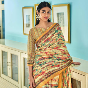 Cream Sequins Embroidered Linen Saree