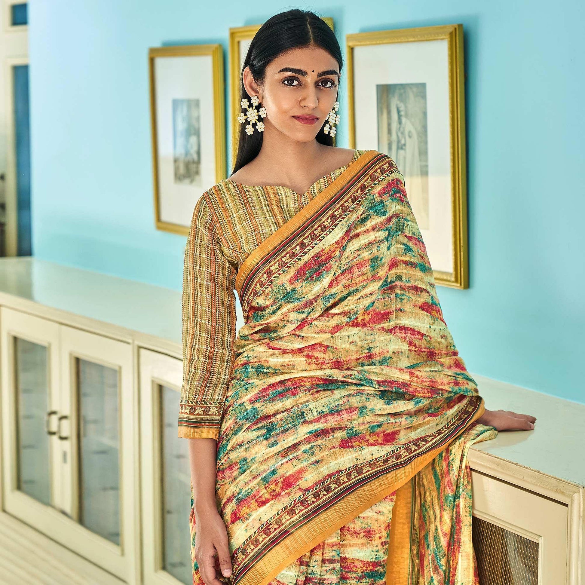 Cream Sequins Embroidered Linen Saree