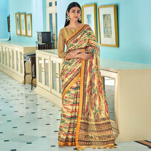 Cream Sequins Embroidered Linen Saree