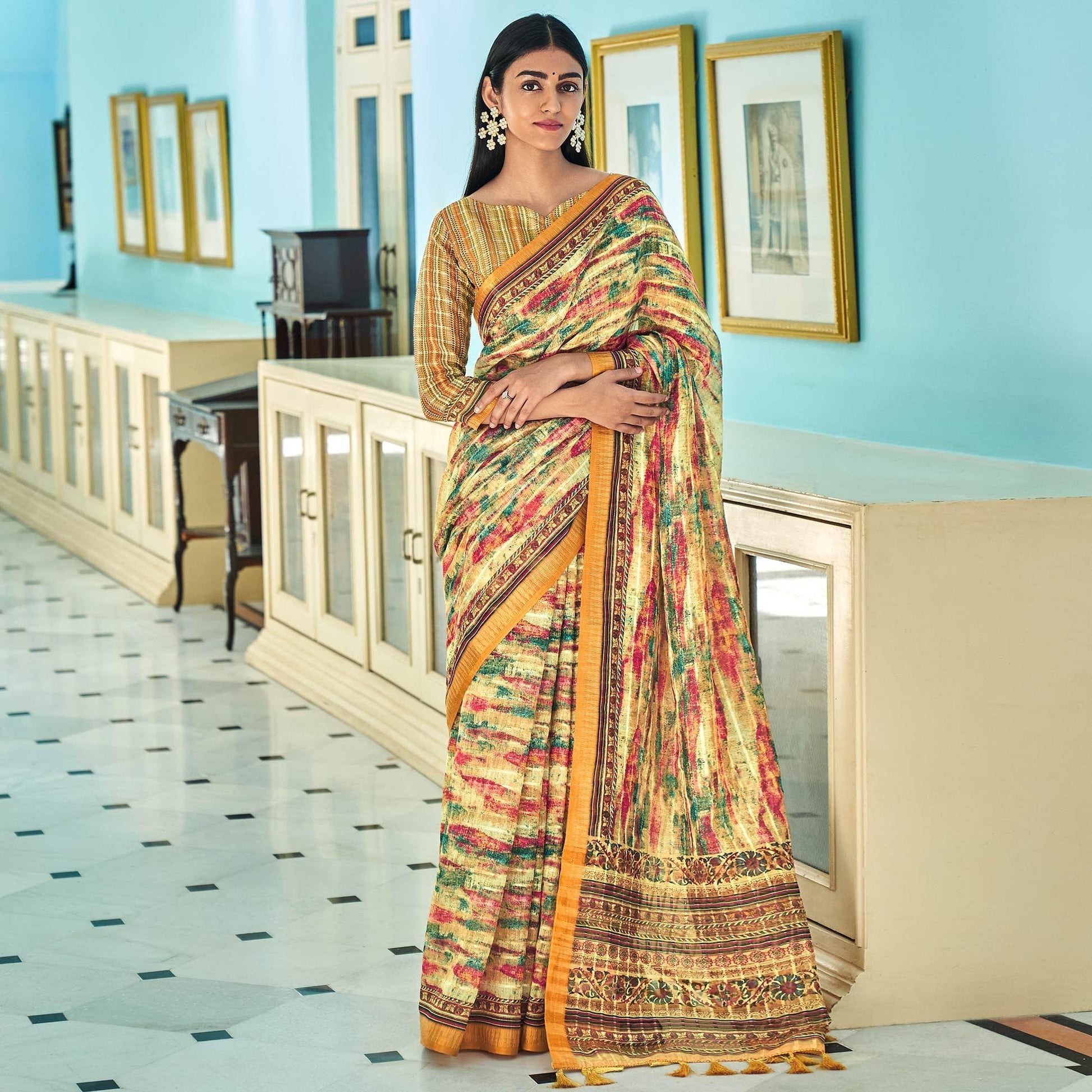 Cream Sequins Embroidered Linen Saree