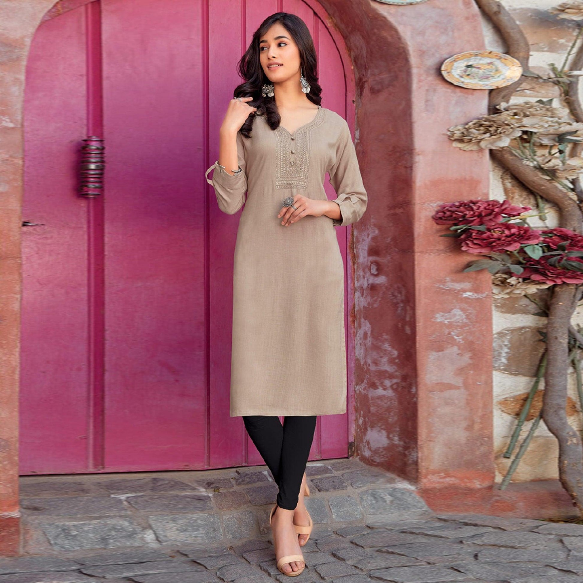 Cream Sequins Embroidered Pure Cotton Kurti
