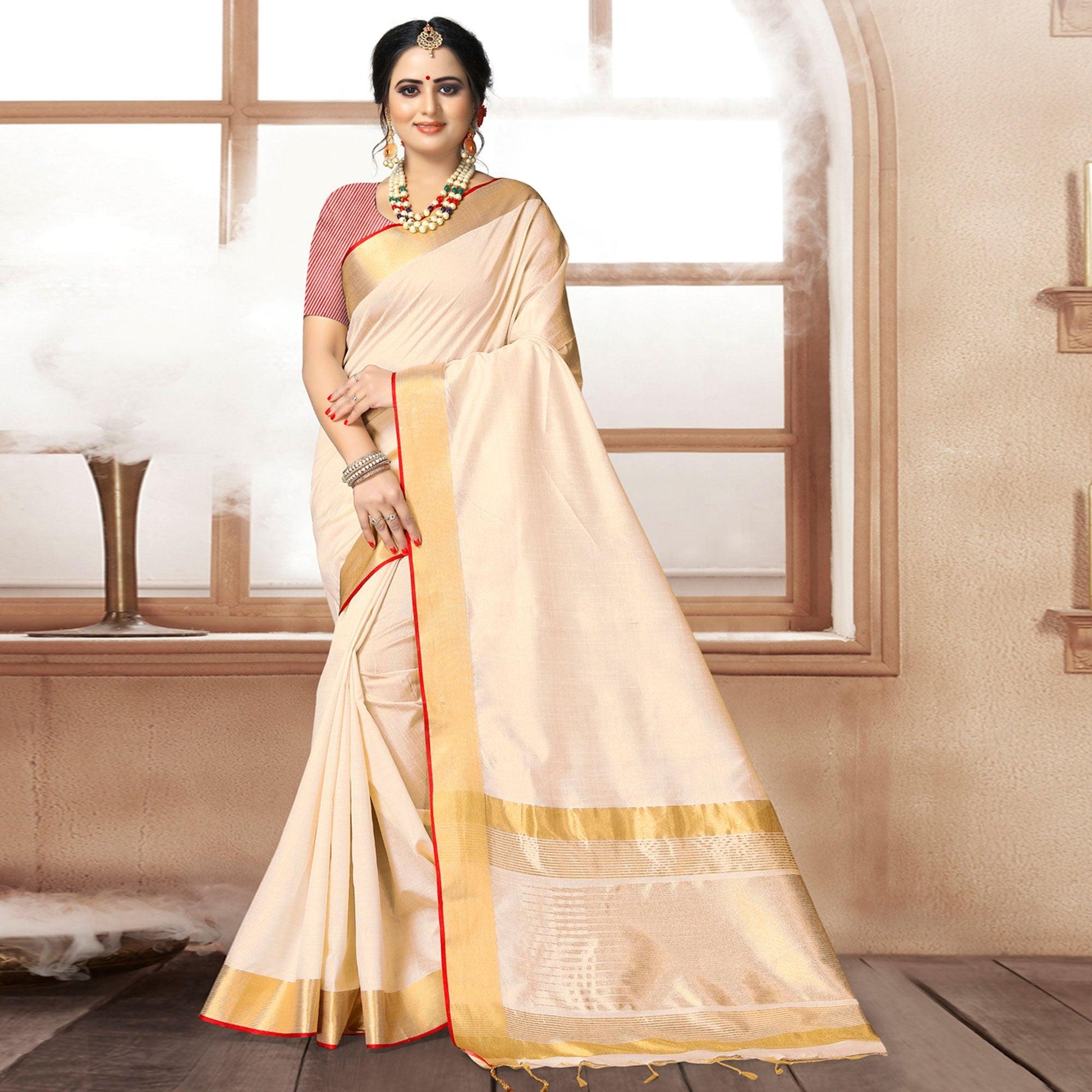 Cream Solid With Striped Printed Cotton Silk Saree