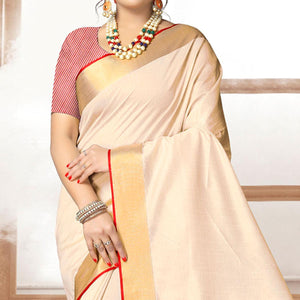Cream Solid With Striped Printed Cotton Silk Saree