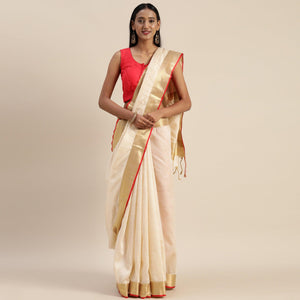 Cream Solid With Striped Printed Cotton Silk Saree