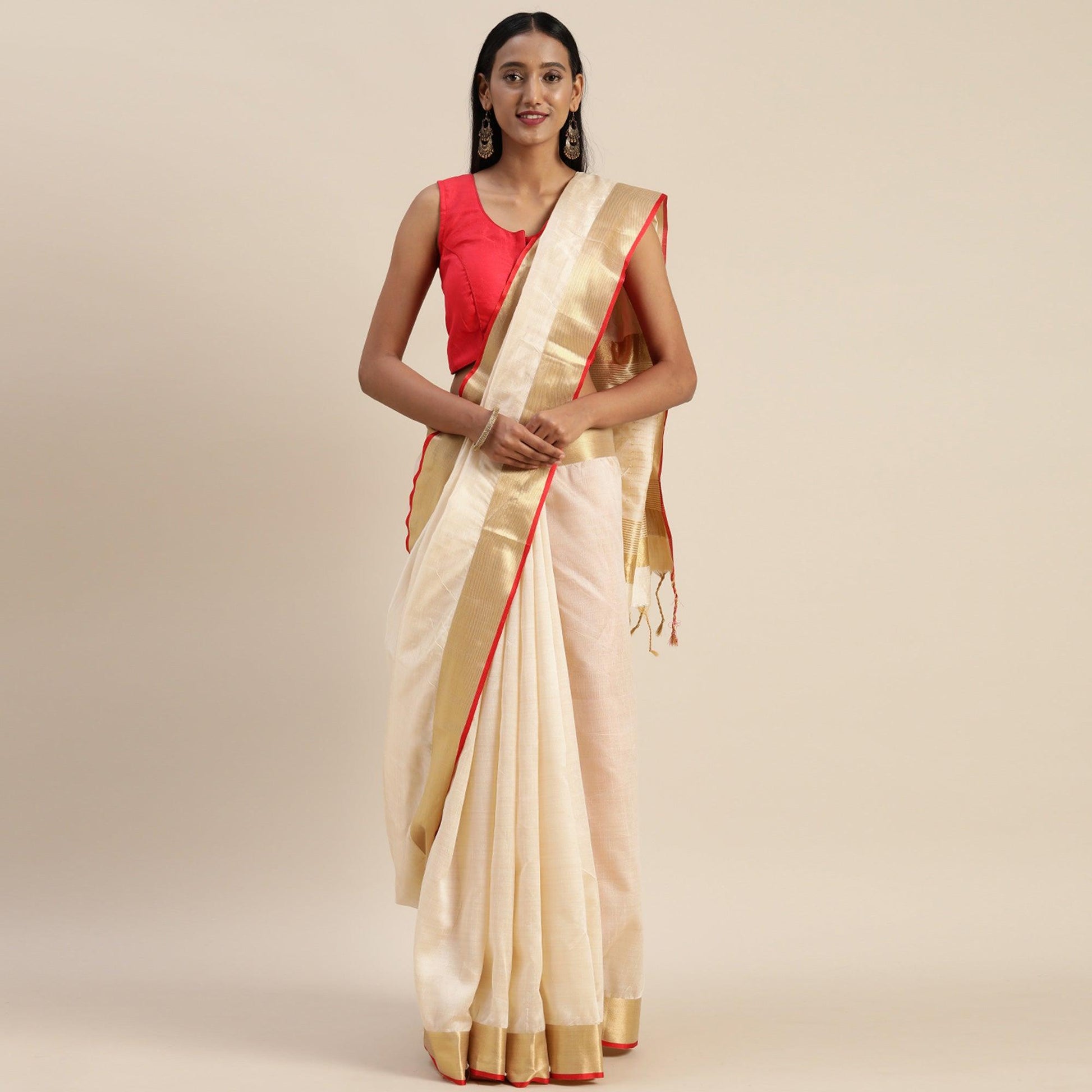 Cream Solid With Striped Printed Cotton Silk Saree