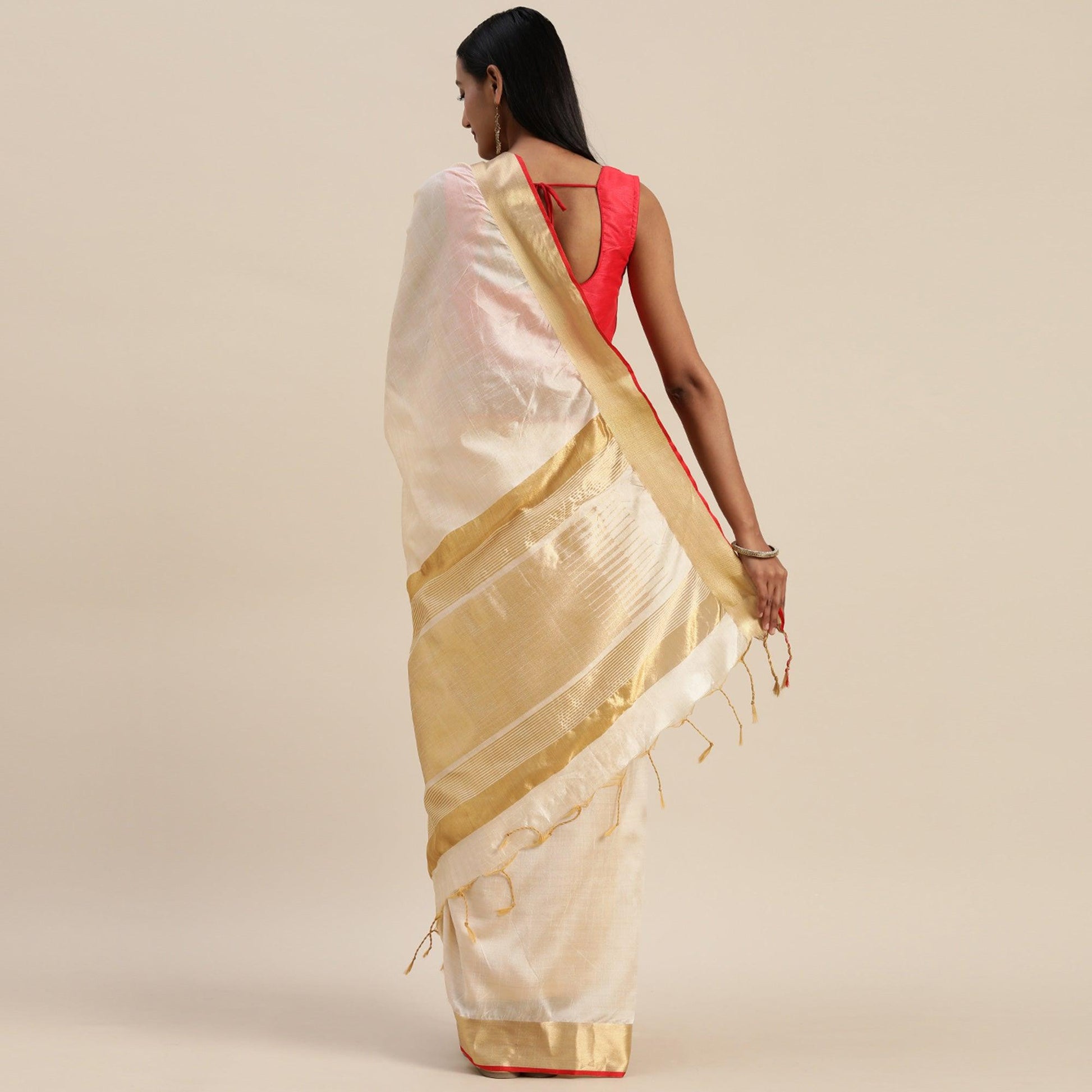 Cream Solid With Striped Printed Cotton Silk Saree