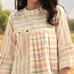 Cream Stripes Printed Cotton Blend Top Bottom Set