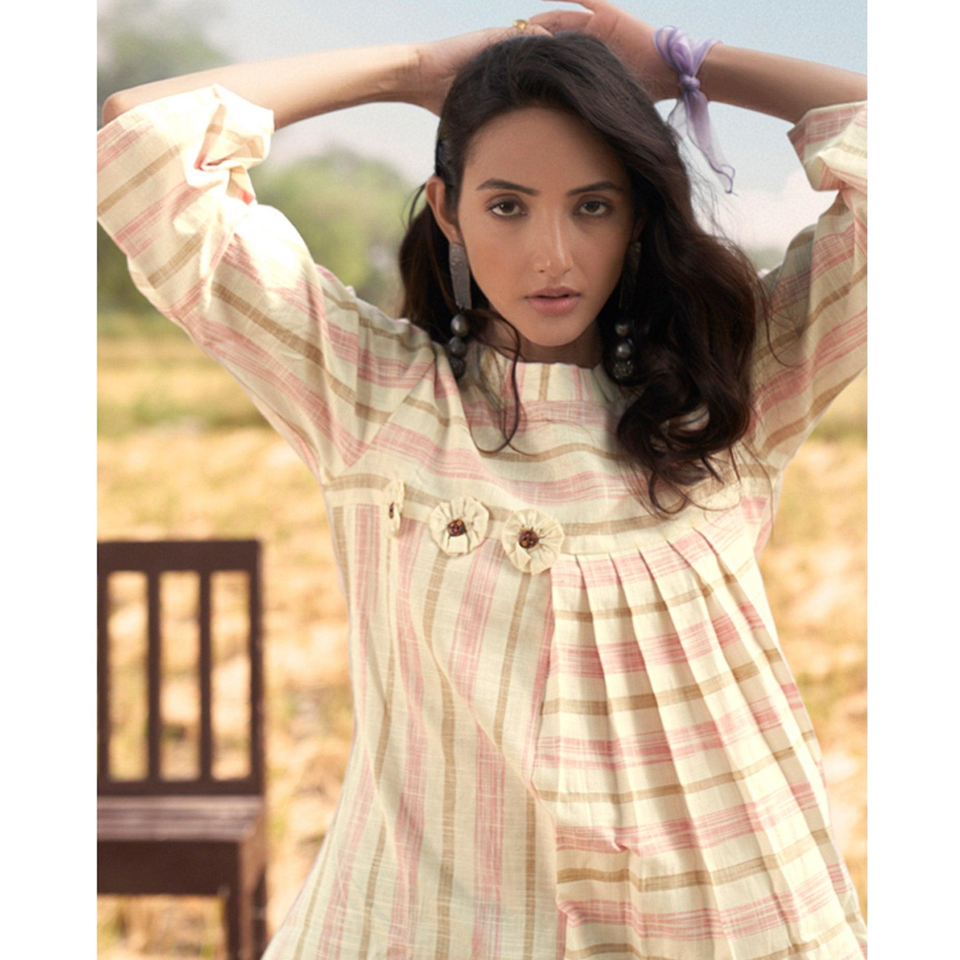 Cream Stripes Printed Cotton Blend Top Bottom Set