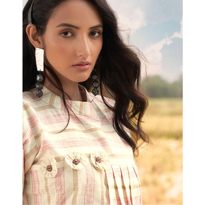 Cream Stripes Printed Cotton Blend Top Bottom Set