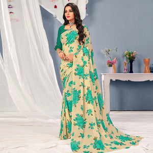 Cream-Turquoise Floral Printed Georgette Saree