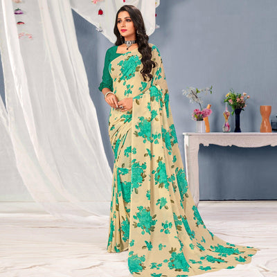 Cream-Turquoise Floral Printed Georgette Saree