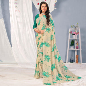 Cream-Turquoise Floral Printed Georgette Saree