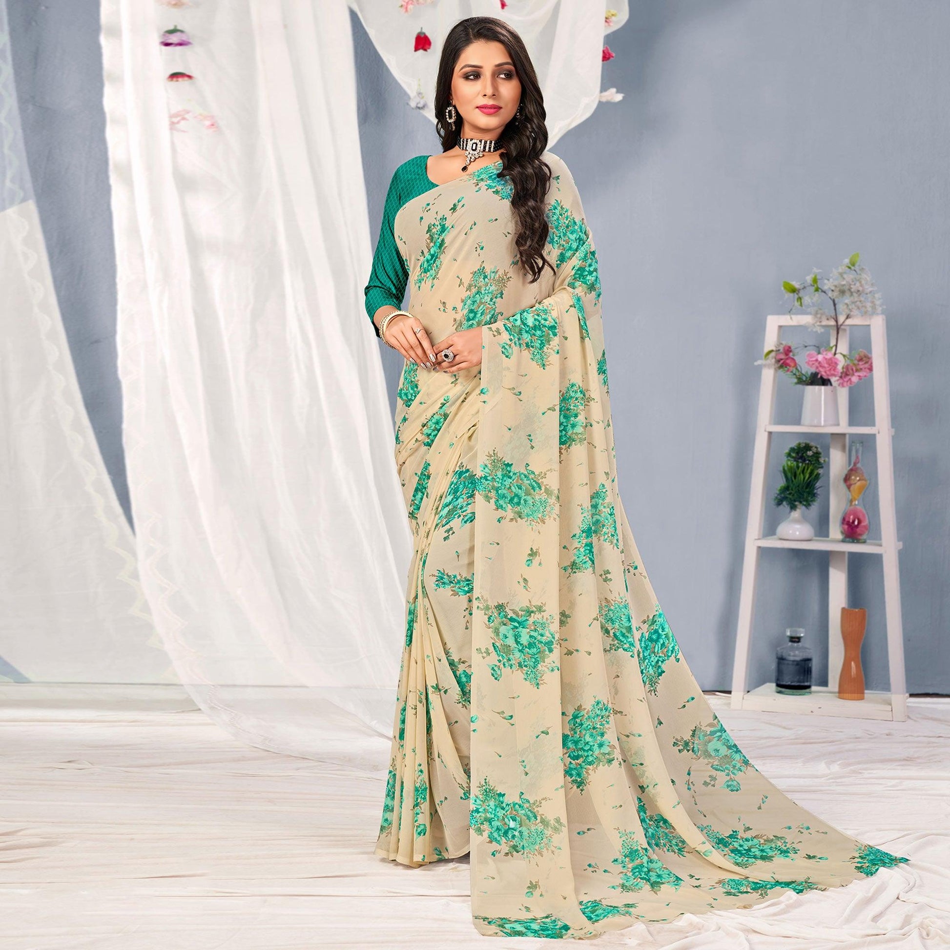 Cream-Turquoise Floral Printed Georgette Saree