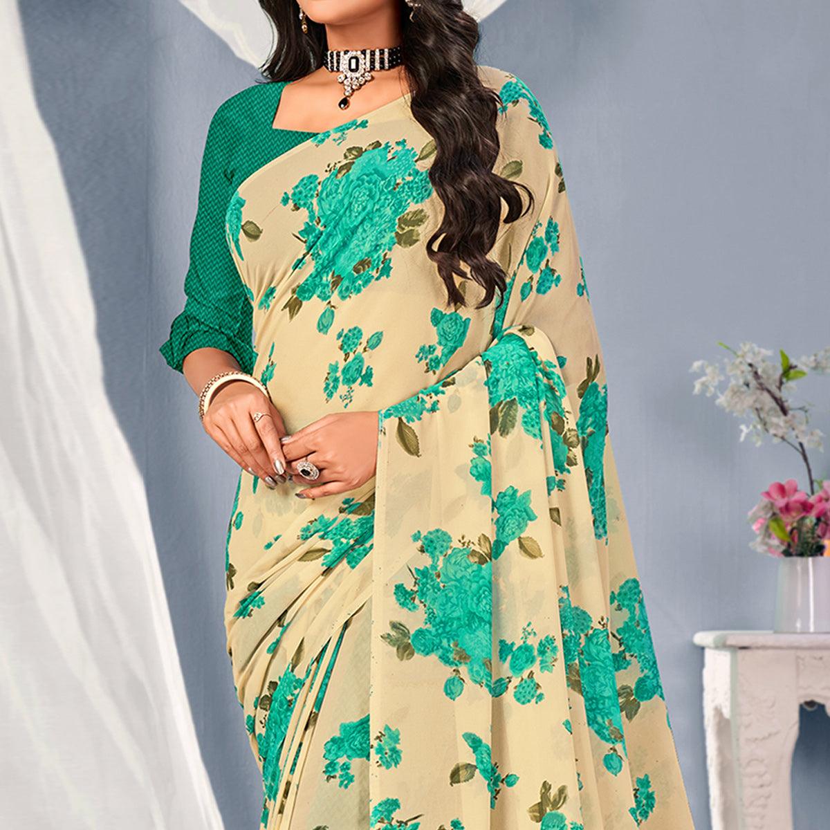 Cream-Turquoise Floral Printed Georgette Saree