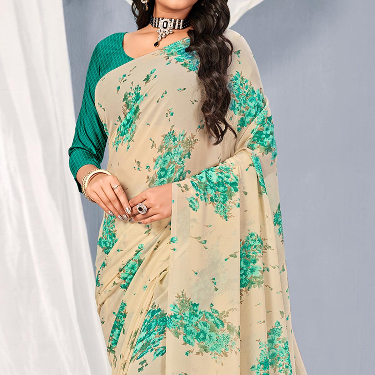 Cream-Turquoise Floral Printed Georgette Saree