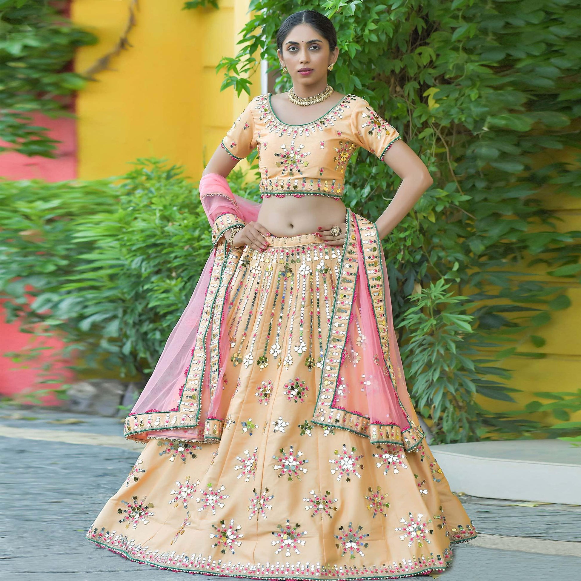 Cream Wedding Wear Floral Embroidery & Resham Work Silk Lehenga Choli