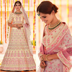 Cream Wedding Wear Heavy Embroidered Crepe Lehenga Choli