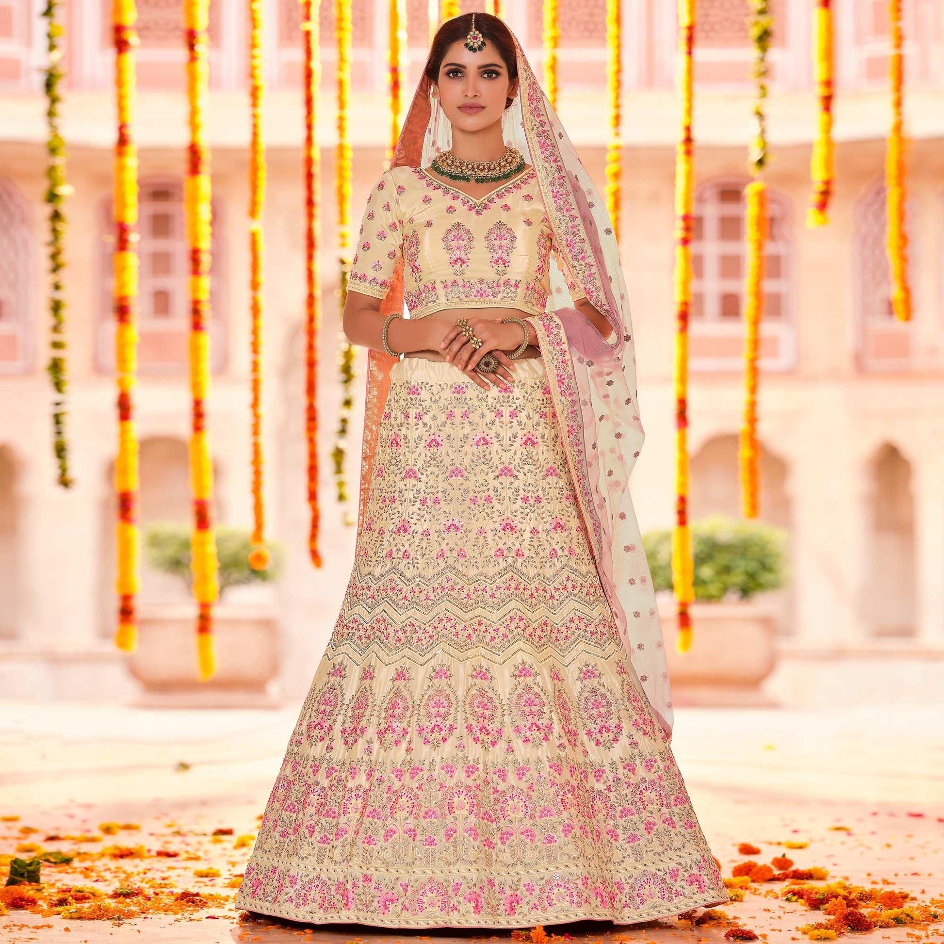 Cream Wedding Wear Heavy Embroidered Crepe Lehenga Choli