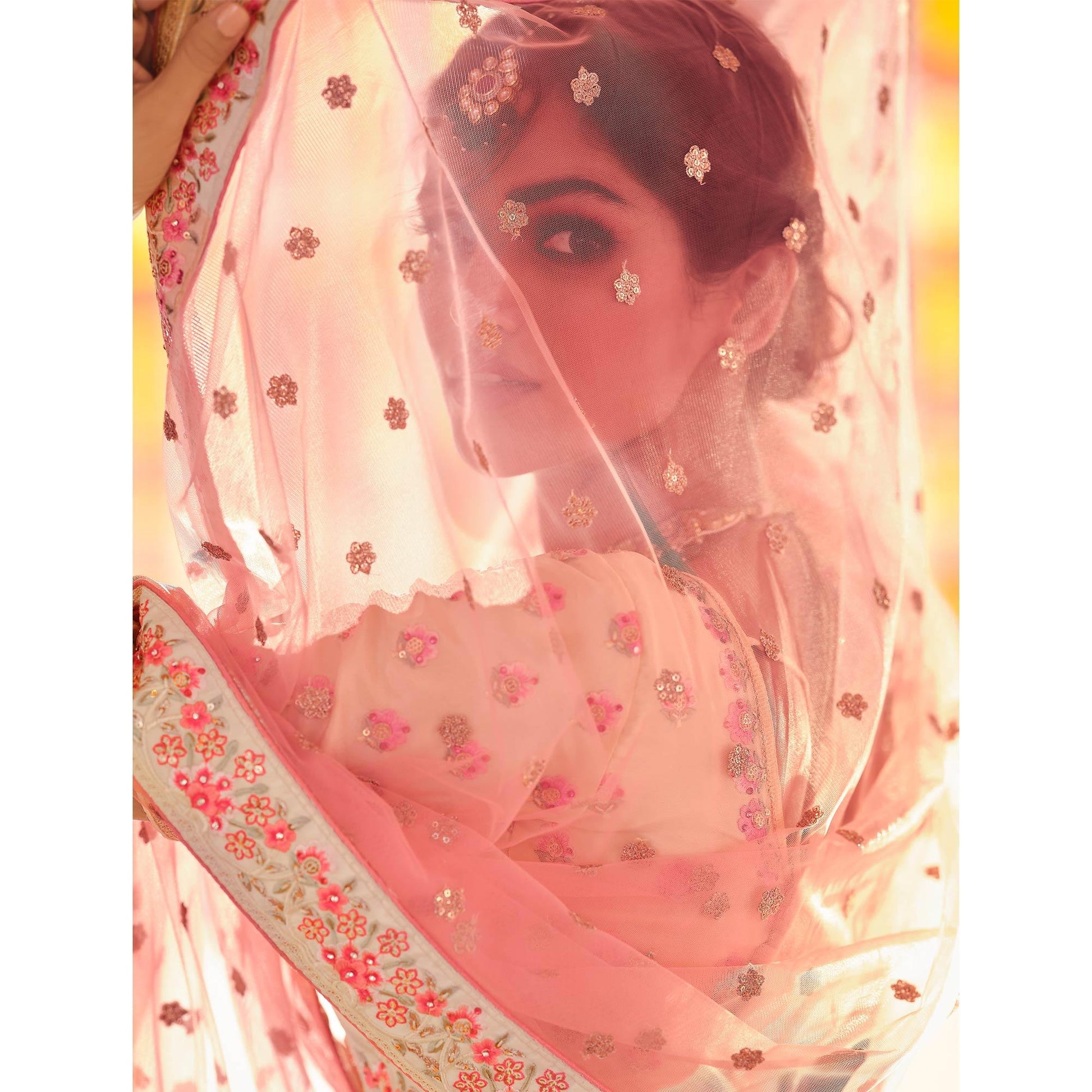 Cream Wedding Wear Heavy Embroidered Crepe Lehenga Choli