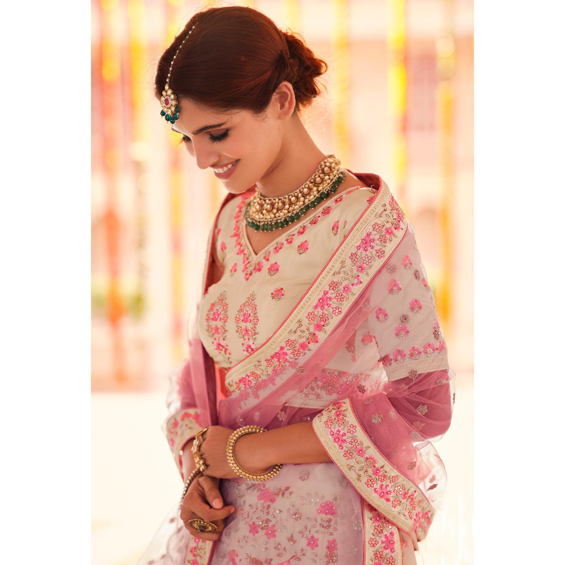Cream Wedding Wear Heavy Embroidered Crepe Lehenga Choli