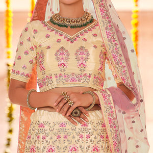 Cream Wedding Wear Heavy Embroidered Crepe Lehenga Choli
