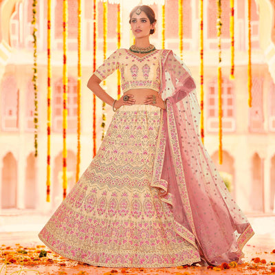 Cream Wedding Wear Heavy Embroidered Crepe Lehenga Choli
