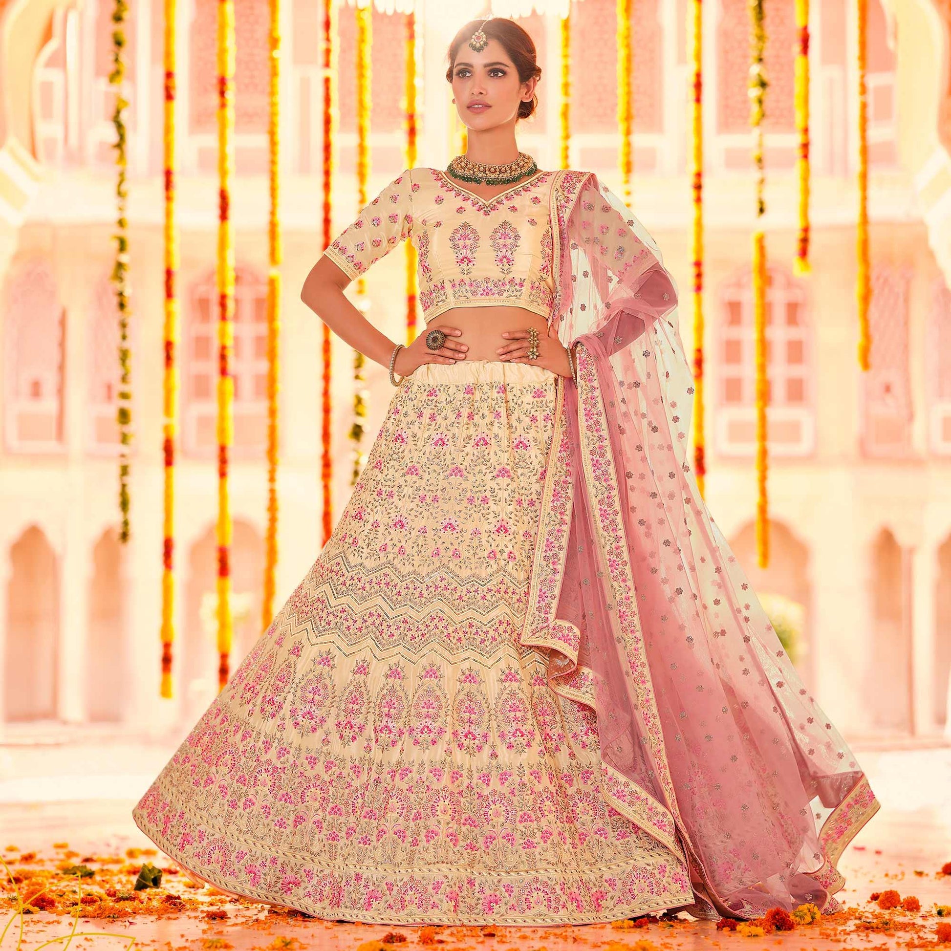 Cream Wedding Wear Heavy Embroidered Crepe Lehenga Choli