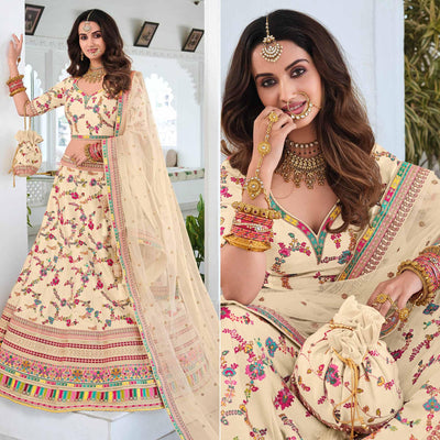 Cream Wedding Wear Sequins Floral Embroidered Silk Lehenga Choli