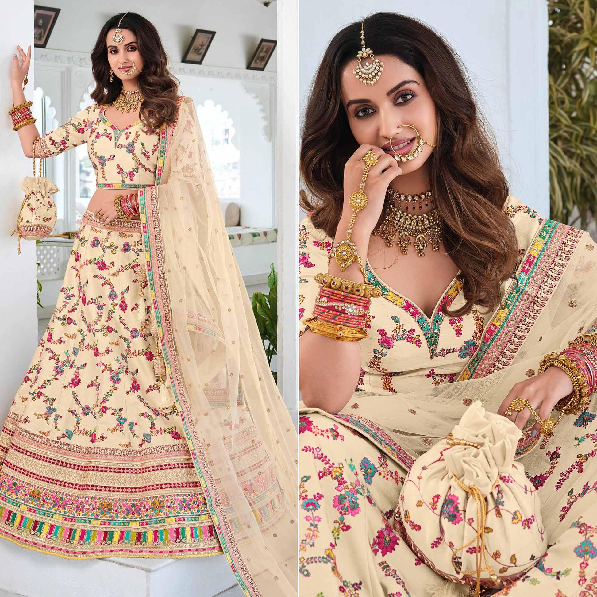 Cream Wedding Wear Sequins Floral Embroidered Silk Lehenga Choli