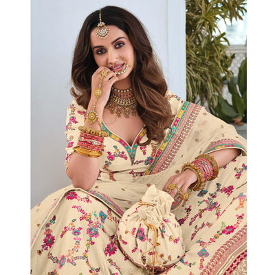 Cream Wedding Wear Sequins Floral Embroidered Silk Lehenga Choli