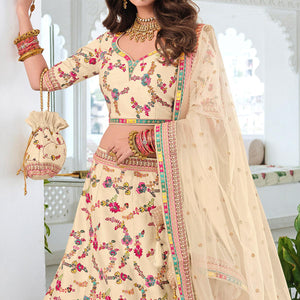 Cream Wedding Wear Sequins Floral Embroidered Silk Lehenga Choli