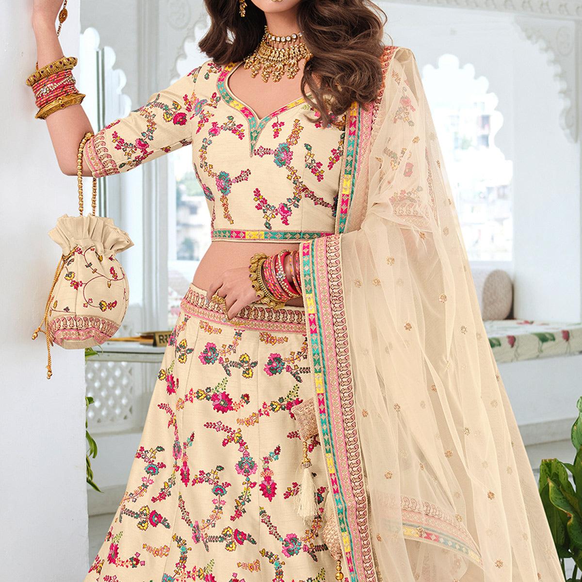 Cream Wedding Wear Sequins Floral Embroidered Silk Lehenga Choli