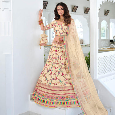 Cream Wedding Wear Sequins Floral Embroidered Silk Lehenga Choli