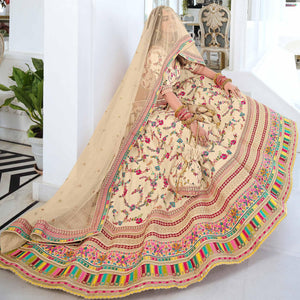 Cream Wedding Wear Sequins Floral Embroidered Silk Lehenga Choli