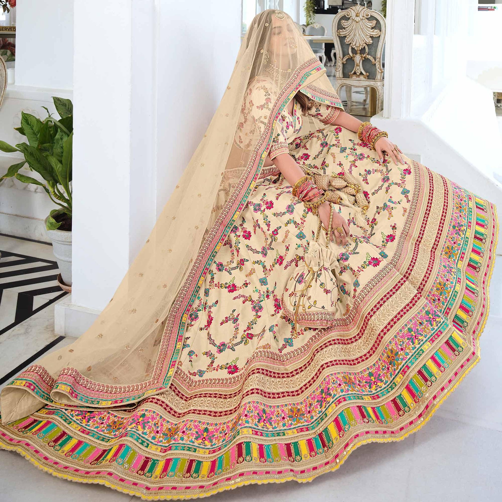 Cream Wedding Wear Sequins Floral Embroidered Silk Lehenga Choli